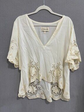Cleobella Cream Boho Lace Embroidered Top Medium Flowy V-Neck Blouse